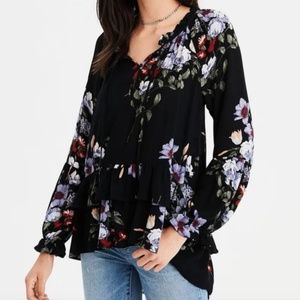American Eagle Outfitters Black Floral Peasant Top
